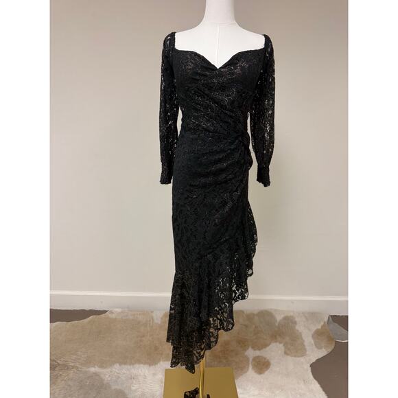 Genavieve The Label Floral Lace Ruffle Accent Long Sleeve Asymmetric Midi Dress